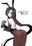  1girl animal_ears ass bent_over black_gloves black_hair black_leotard blue_eyes blush breasts brown_legwear bunny_tail bunnysuit commentary_request dated elbow_gloves flying_sweatdrops gloves highres holding konshin large_breasts leotard long_hair looking_at_viewer looking_back original pantyhose rabbit_ears signature solo standing tail tray very_long_hair 