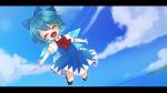  1girl :d ^_^ black_footwear blue_bow blue_dress blue_hair blue_sky blush bow cirno closed_eyes clouds collared_shirt commentary_request day dress dutch_angle facing_viewer fang flying hair_bow horizon ice ice_wings ocean open_mouth outdoors outstretched_arms puffy_short_sleeves puffy_sleeves red_bow reo_(re2kn) shirt shoes short_hair short_sleeves sky sleeveless sleeveless_dress smile socks solo spread_arms touhou water white_legwear white_shirt wings 