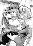  2girls animal_ears bangs brooch closed_eyes commentary_request dress drooling greyscale hat jewelry juliet_sleeves kasodani_kyouko long_sleeves lying monochrome multiple_girls mystia_lorelei nama_shirasu on_back on_side open_mouth puffy_sleeves short_hair sleeping thigh-highs touhou wings 