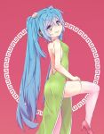  1girl blue_eyes blue_hair china_dress chinese_clothes dress from_side grin hatsune_miku headphones high_heels long_hair looking_at_viewer nyunko smile solo thigh-highs twintails very_long_hair vocaloid white_legwear 