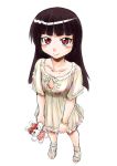  1girl blush bracelet collarbone dress gate_-_jieitai_ka_no_chi_nite_kaku_tatakaeri hime_cut jewelry long_hair looking_at_viewer red_eyes rory_mercury sandals sao_satoru see-through simple_background smile solo stuffed_toy white_background 