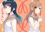  2girls bangs blue_hair blunt_bangs breasts brown_eyes brown_hair closed_mouth cover cover_page eyebrows_visible_through_hair hair_between_eyes hands_together kunikida_hanamaru long_hair love_live! love_live!_sunshine!! medium_breasts multiple_girls neckerchief orange_background pink_eyes riyoon school_uniform serafuku shirt side_bun simple_background sleeveless sleeveless_shirt translated tsushima_yoshiko upper_body white_shirt 