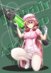  1girl akashi_(kantai_collection) character_name full_body glint gloves green_background green_eyes hair_ribbon hat holding holding_weapon kantai_collection lens_flare long_hair looking_at_viewer mokerou nurse nurse_cap oversized_object panties panties_under_pantyhose pantyhose pink_hair ribbon simple_background solo squatting syringe tress_ribbon underwear weapon white_gloves white_legwear white_panties 