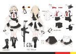  1girl apron bangs black_footwear blonde_hair blue_eyes blush boots braid breasts character_name closed_mouth corset cropped_jacket dress eyebrows_visible_through_hair g36_(girls_frontline) german_flag girls_frontline gloves gradient_hair hair_between_eyes hair_ornament hand_on_hip highres knee_boots leg_garter long_hair looking_at_viewer maid maid_apron maid_headdress medium_breasts multicolored_hair multiple_views neck_ribbon pouch puffy_short_sleeves puffy_sleeves red_ribbon ribbon short_sleeves shuzi sidelocks simple_background single_braid sleeveless_jacket solo thighs tsurime very_long_hair white_gloves 