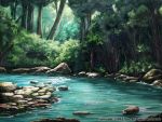  commentary_request day forest highres light_rays nature no_humans official_art outdoors river rock scenery seisen_cerberus tree watermark z.dk 