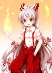  1girl :d blush bow commentary_request eyebrows_visible_through_hair feet_out_of_frame fire flame fujiwara_no_mokou gradient gradient_background hair_bow hand_in_pocket hand_up highres long_hair looking_at_viewer open_mouth orange_background panties pants red_eyes red_pants ruu_(tksymkw) shirt short_sleeves silver_hair smile solo standing standing_on_one_leg suspenders torn_clothes torn_sleeves touhou underwear very_long_hair white_background white_bow white_shirt wing_collar 
