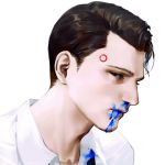  1boy android blood blood_from_mouth blood_splatter bloody_clothes blue_blood brown_eyes brown_hair connor_(detroid) detroit:_become_human expressionless looking_at_viewer par. portrait shirt white_background white_shirt 
