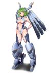  1girl absurdres bangs bare_shoulders breasts center_opening collar collarbone full_body green_eyes green_hair halterneck hand_on_hip head_tilt headgear highleg highleg_leotard highres hip_bones large_breasts leotard looking_at_viewer mecha_musume mechanical_legs mechanical_wings navel northman original ringed_eyes simple_background solo tachi-e thigh_strap wavy_hair white_background wings 