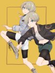  2boys :&gt; aobe_mahito bike_shorts blonde_hair blue_eyes boots brothers jacket looking_at_viewer male_focus multiple_boys original shorts siblings smile twins 