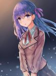  1girl akaya_(pixiv20545353) bangs black_skirt blunt_bangs blush brown_jacket dress_shirt eyebrows_visible_through_hair fate/stay_night fate_(series) floating_hair gradient gradient_background grey_shirt hair_between_eyes hair_ribbon highres homurahara_academy_uniform jacket long_hair matou_sakura neck_ribbon open_mouth purple_hair purple_ribbon red_ribbon ribbon shirt skirt solo standing uniform violet_eyes 