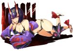  1girl :d absurdres agetama bare_shoulders barefoot black_hair breasts cleavage collarbone eyebrows_visible_through_hair eyeliner fangs fate/grand_order fate_(series) hair_ornament highres horns japanese_clothes kimono looking_at_viewer makeup navel oni open_mouth revealing_clothes short_hair shuten_douji_(fate/grand_order) smile solo thigh-highs violet_eyes 