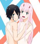  1boy 1girl bangs black_hair blue_eyes blue_horns breasts commentary_request couple darling_in_the_franxx eyebrows_visible_through_hair facial_scar fangs fringe green_eyes hand_on_another&#039;s_hip hand_on_another&#039;s_shoulder hetero highres hiro_(darling_in_the_franxx) horns hug long_hair looking_at_viewer medium_breasts nude oni_horns pink_hair red_horns scar short_hair user_yhxs5287 zero_two_(darling_in_the_franxx) 