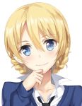  1girl black_neckwear blue_eyes blue_jacket blush braid closed_mouth collared_shirt commentary_request darjeeling girls_und_panzer hand_on_own_chin hand_up head_tilt jacket long_hair looking_at_viewer necktie popped_collar shirt simple_background smile solo tonee upper_body white_background white_shirt 
