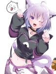  1girl ;3 ;d ahoge animal_ear_fluff animal_ears arm_up bangs black_collar black_hoodie breasts cat_ears cat_girl cat_tail collar commentary_request cropped_hoodie hair_between_eyes hand_up highres hololive hood hoodie long_sleeves looking_at_viewer mafuri medium_breasts midriff nekomata_okayu one_eye_closed open_mouth pants paw_pose purple_hair short_hair simple_background smile solo speech_bubble spoken_expression standing standing_on_one_leg tail violet_eyes virtual_youtuber white_background white_pants 