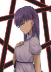  1girl arm_behind_back bangs black_ribbon dress eyebrows_visible_through_hair fate/stay_night fate_(series) from_side hair_between_eyes hair_ribbon highres long_hair maki_(pixiv9288678) matou_sakura pink_ribbon purple_hair ribbon short_sleeves solo upper_body violet_eyes white_dress 