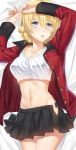  1girl bangs bed_sheet black_legwear blonde_hair blue_eyes braid breasts cleavage commentary_request cowboy_shot crop_top dakimakura darjeeling girls_und_panzer hair_between_eyes hands_up highres jacket large_breasts long_sleeves looking_at_viewer lying midriff navel on_back open_clothes open_jacket parted_lips pleated_skirt red_jacket shirt short_hair skirt solo tonee white_shirt 