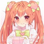  1girl bangs blush bow brown_eyes chariko commission food_themed_hair_ornament hair_ornament headshot long_hair looking_at_viewer orange_eyes orange_hair original peach_hair_ornament playing_games smile twintails upper_body 