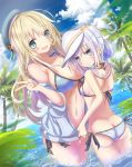  2girls alternate_costume alternate_hairstyle aruka_(alka_p1) ass atago_(kantai_collection) beret bikini blonde_hair blue_eyes blush breast_envy breasts butt_crack cellphone clouds cloudy_sky eyebrows_visible_through_hair hair_between_eyes hat hibiki_(kantai_collection) highres jungle kantai_collection large_breasts looking_at_viewer multiple_girls nature ocean open_mouth palm_tree peaked_cap phone ponytail silver_hair sky smartphone smile star swimsuit tree verniy_(kantai_collection) 