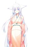  1girl ? animal_ears blue_eyes blush breasts closed_mouth commentary_request fox_ears haori japanese_clothes kimono konshin large_breasts long_hair long_sleeves looking_at_viewer original pregnant sash short_eyebrows simple_background solo standing very_long_hair white_background white_hair wide_sleeves 