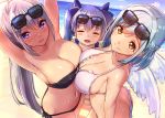  3girls akasaai armpits arms_up ass bare_arms bare_shoulders beach bikini black_bikini blue_bow blue_hair blue_sky blush blush_stickers bow braid breasts brown_eyes butt_crack cleavage closed_eyes collarbone day downpants eyewear_on_head front-tie_bikini front-tie_top grey_hairclip hair_bow hair_ornament hairclip highres higuchi_kaede large_breasts long_hair looking_at_viewer moira_(nijisanji) mole mole_under_eye mole_under_mouth multiple_girls navel nijisanji ocean open_mouth outdoors ponytail sand sandals short_hair side-tie_bikini silver_hair sky smile stomach strapless strapless_bikini sunglasses sweat sweatdrop swimsuit twintails violet_eyes virtual_youtuber water white_bikini white_bow white_wings wings yuuki_chihiro 