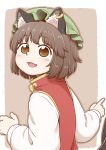  1girl :3 animal_ears bangs blush brown_hair cat_ears chen chinese_clothes dress earrings eyebrows_visible_through_hair green_hat hat jewelry looking_at_viewer mob_cap no_pupils piercing pointing poronegi red_dress short_hair smile tail touhou yellow_eyes 
