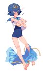  barefoot blue_eyes blue_hair chomoran dress hair_ornament pokemon pokemon_(game) pokemon_sm sailor_dress school_swimsuit short_hair simple_background suiren_(pokemon) swimsuit swimwear 