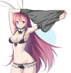  1girl :d animal_ears arms_up bikini black_bikini breasts collarbone commentary_request cowboy_shot frilled_bikini frills grin long_hair looking_at_viewer medium_breasts navel open_mouth original outstretched_arm pink_hair rabbit_ears red_eyes saiste simple_background smile solo swimsuit undressing very_long_hair white_background 