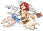  2girls :o alternate_costume ark_royal_(kantai_collection) artist_name bandaid_on_leg barefoot blonde_hair blue_shorts blush book braid cellphone closed_eyes dated dress eyebrows_visible_through_hair folded_leg french_braid full_body hair_between_eyes jacket kantai_collection long_hair lying multiple_girls open_mouth phone redhead round_teeth short_hair short_sleeves shorts sleeping smartphone stuffed_animal stuffed_toy teddy_bear teeth warspite_(kantai_collection) white_dress white_jacket yamada_rei_(rou) younger 