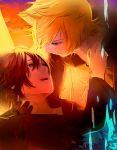  1boy 1girl black_coat black_coat_(kingdom_hearts) black_gloves black_hair blonde_hair blue_eyes cloak commentary_request g.g.lemon gloves kingdom_hearts kingdom_hearts_358/2_days medium_hair organization_xiii roxas short_hair spiky_hair xion_(kingdom_hearts) 