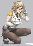  1girl bespectacled black_legwear black_neckwear blonde_hair breasts chestnut_mouth commentary_request eyebrows_visible_through_hair full_body glasses green_eyes grey_background grey_shirt happa_(cloverppd) holding holding_eyewear kantai_collection long_hair looking_at_viewer pantyhose shirt short_hair solo 