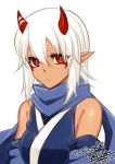  1girl bare_shoulders blue_scarf breasts bright_pupils closed_mouth commentary_request dated detached_sleeves hair_between_eyes horns konshin looking_at_viewer medium_breasts original pointy_ears red_eyes scarf signature simple_background solo upper_body white_background white_hair 