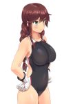  1girl absurdres bangs black_swimsuit braid breasts brown_hair competition_swimsuit covered_navel gloves green_eyes hands_on_hips highres kantai_collection large_breasts long_hair noshiro_(kantai_collection) one-piece_swimsuit parted_lips simple_background solo soushou_nin standing swept_bangs swimsuit twin_braids white_background white_gloves 