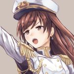  1girl :d brown_eyes brown_hair earrings eyebrows_visible_through_hair floating_hair grey_background hat idolmaster idolmaster_cinderella_girls jewelry long_hair military military_hat military_uniform moppo nitta_minami open_mouth outstretched_arm portrait seizon_honnou_valkyria smile solo uniform white_hat 