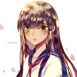  1girl alternate_costume atobesakunolove blue_sailor_collar brown_eyes brown_hair character_name cherry_blossoms commentary_request dark_skin hair_between_eyes hair_tubes highres long_hair looking_at_viewer neckerchief overwatch parted_lips petals pharah_(overwatch) red_neckwear sailor_collar school_uniform serafuku shirt solo upper_body white_shirt 