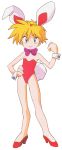  1girl 90s animal_ears bare_legs blonde_hair blue_eyes bow bowtie bunnysuit hand_on_hip high_heels keiou_yuugekitai leotard looking_at_viewer nanahikari_rami official_art pumps rabbit_ears red_footwear red_leotard short_hair simple_background smile solo standing white_background 