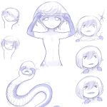  &gt;_&lt; 1girl blue closed_mouth crying flat_chest idon lamia looking_at_viewer monochrome monster_girl multiple_views nude original shedding simple_background smile tareme tears wavy_mouth white_background 