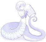  1girl blue drinking flat_chest glass holding idon lamia minigirl monochrome monster_girl nude original parted_lips pointy_ears scales short_hair simple_background smile solo tareme white_background 