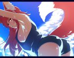  1girl animal_ears armpits ass bare_shoulders blue_background blue_sky boyshorts breasts clouds cloudy_sky commentary_request day fox_ears fox_tail from_side hand_up konshin large_breasts letterboxed looking_at_viewer looking_to_the_side original parted_lips purple_shirt red_eyes redhead shirt sideboob sky sleeveless sleeveless_shirt solo sweat tail 