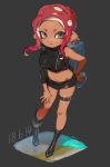  1girl agent_8 asymmetrical_sleeves boots breasts dark_skin dated domino_mask full_body highres leaning_forward looking_at_viewer mask midriff navel octoling open_mouth pencil_skirt pointy_ears redhead skirt solo splatoon splatoon_2 splatoon_2:_octo_expansion tentacle_hair thigh_strap yu-ri 