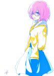  1girl blue_dress dress eyebrows_visible_through_hair fate/grand_order fate_(series) glasses hair_over_one_eye jacket long_sleeves looking_at_viewer looking_to_the_side mash_kyrielight motu0505 open_clothes open_jacket open_mouth purple_hair semi-rimless_eyewear short_hair signature simple_background solo teeth under-rim_eyewear violet_eyes white-framed_eyewear white_background yellow_jacket 