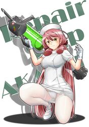  1girl akashi_(kantai_collection) character_name full_body glint gloves green_eyes hair_ribbon hat holding holding_weapon kantai_collection lens_flare long_hair looking_at_viewer mokerou nurse nurse_cap oversized_object panties panties_under_pantyhose pantyhose pink_hair ribbon simple_background solo squatting syringe tress_ribbon underwear weapon white_background white_gloves white_legwear white_panties 