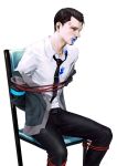  1boy android arms_behind_back belt black_neckwear black_pants blood blood_from_mouth blood_splatter bloody_clothes blue_blood bound bound_legs bound_torso brown_eyes brown_hair connor_(detroid) detroit:_become_human expressionless grey_jacket highres jacket looking_at_viewer open_clothes open_jacket pants par. rope shirt sitting white_background white_shirt 
