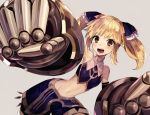  1girl bare_shoulders blonde_hair collar flat_chest gauntlets giant_fist gloves looking_at_viewer midriff mika_(under_night_in-birth) open_mouth short_twintails suzunashi twintails under_night_in-birth weapon yellow_eyes 