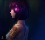  1girl artist_name bangs black_hair breasts closed_mouth commentary flower from_side headphones highres looking_away original short_hair solo tattoo trung_doan 