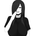  1girl between_breasts black_hair black_shirt breasts grey_eyes hair_over_one_eye highres huge_breasts long_hair monochrome nao_(ritsancrossover) original pai-chan_(nao) shirt simple_background tears upper_body yawning 