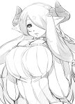 1girl breasts granblue_fantasy greyscale hair_ornament hair_over_one_eye hands_up horns huge_breasts long_sleeves looking_at_viewer monochrome narmaya_(granblue_fantasy) one_eye_covered pointy_ears ribbed_sweater shiki_(psychedelic_g2) simple_background solo sweater upper_body white_background 