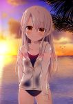  1girl blonde_hair blue_swimsuit blush closed_eyes clouds collarbone commentary_request cowboy_shot eyebrows_visible_through_hair fate/kaleid_liner_prisma_illya fate_(series) hair_between_eyes highres illyasviel_von_einzbern looking_at_viewer morokoshi_(tekku) one-piece_swimsuit outdoors red_eyes see-through smile solo sun sunset swimsuit swimsuit_under_clothes water wet wet_clothes 