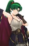  1girl armpits bangs bare_shoulders belt belt_buckle blush breasts brown_gloves buckle camisole cleavage coat collarbone cosplay elbow_gloves eyebrows_visible_through_hair faulds fire_emblem fire_emblem:_kakusei fire_emblem:_rekka_no_ken gloves green_eyes green_hair grey_camisole high_ponytail highres large_breasts long_hair looking_at_viewer lyndis_(fire_emblem) my_unit my_unit_(cosplay) my_unit_(fire_emblem:_kakusei) open_clothes open_coat ormille ponytail purple_coat scrunchie simple_background smile solo white_background 
