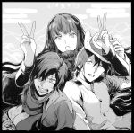  1girl 2boys anger_vein bangs buttons commentary_request double_v fate/grand_order fate_(series) greyscale hair_between_eyes hair_over_one_eye hat koha-ace long_hair long_sleeves looking_at_viewer monochrome multiple_boys okada_izou_(fate) open_mouth oryuu_(fate) sakamoto_ryouma_(fate) star sweat syatey upper_body v 
