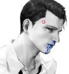  1boy android blood blood_from_mouth blood_on_face blue_blood connor_(detroid) detroit:_become_human greyscale looking_at_viewer monochrome par. portrait shirt 